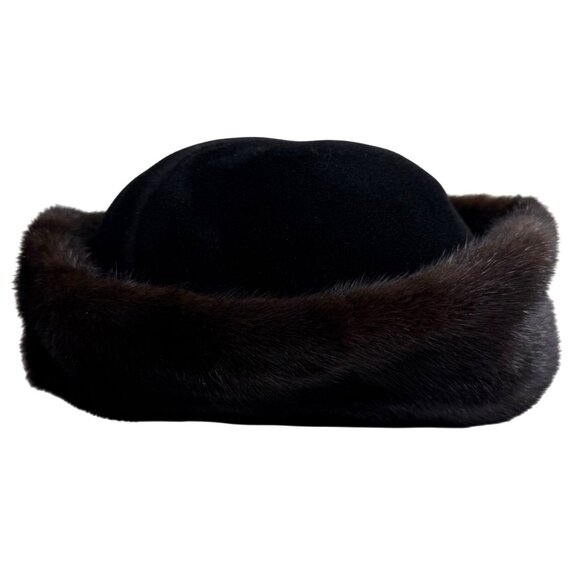 Vintage 1990s Birger Christensen Black Felt Hat with Brown Mink Fur Trim OSFM
